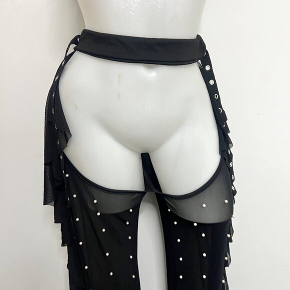 Sexy Black Sheer Mesh Pearl Embellished Two-Piece Set Ruffle Chaps Women Size XL - Picture 5 of 16